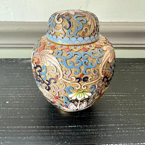 Vintage Chinese Cloisonné Enamel Floral Scroll Lotus Ginger Jar With Lid Etched - Picture 3 of 7